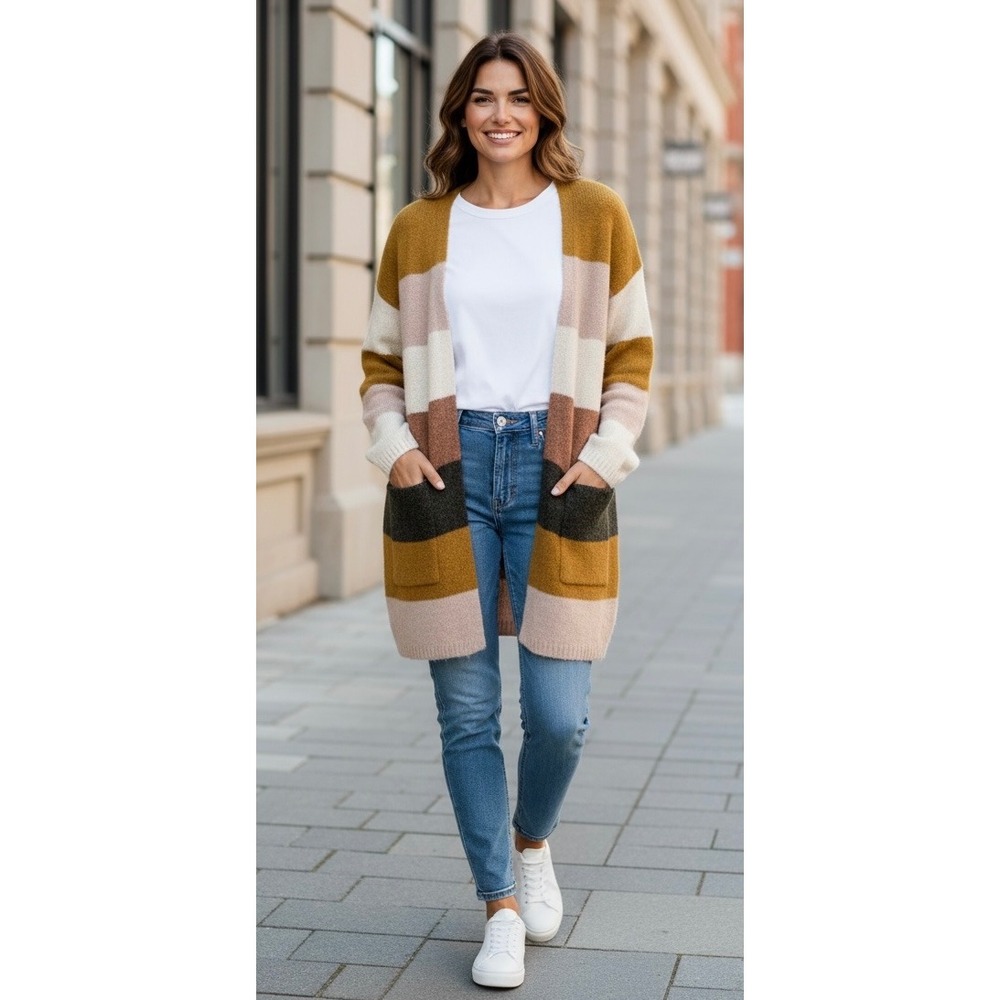 Knox Rose Striped Cardigan Sweater Long Sleeve Open Front Pockets Mustard Pink M